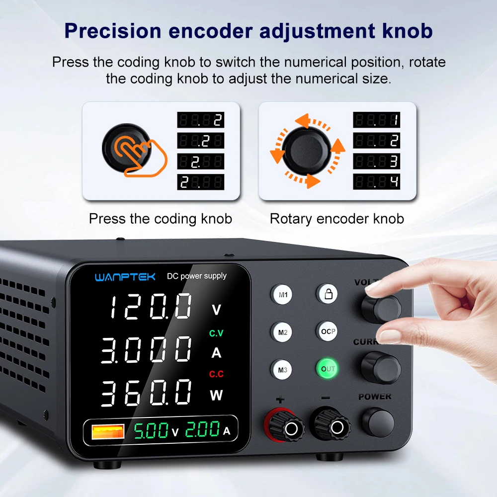 Fonte de alimentação DC ajustável TPS-C1203, três conjuntos de armazenamento 0-120V 0-3A reguladores de tensão e corrente variáveis, portátil