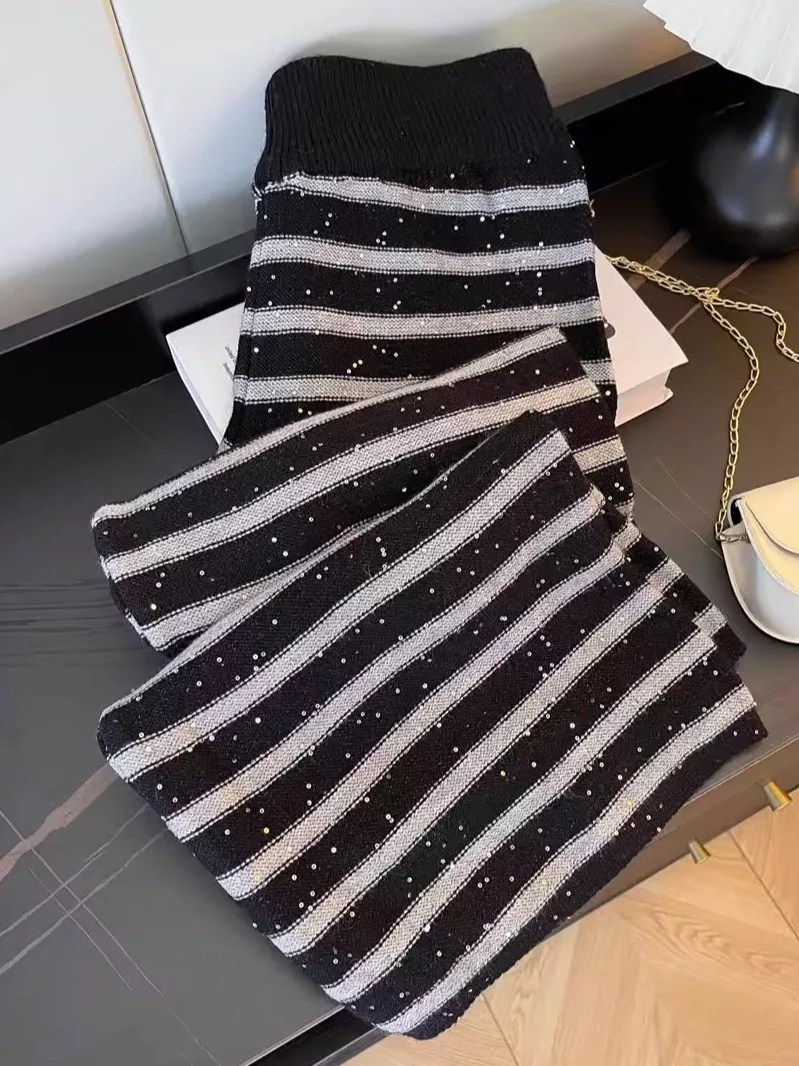 

Брюки женские Anzhou Glittering Knitted Wide Leg с широкими штанинами, с вышивкой, мягкие, в полоску, с высокой талией, длинные