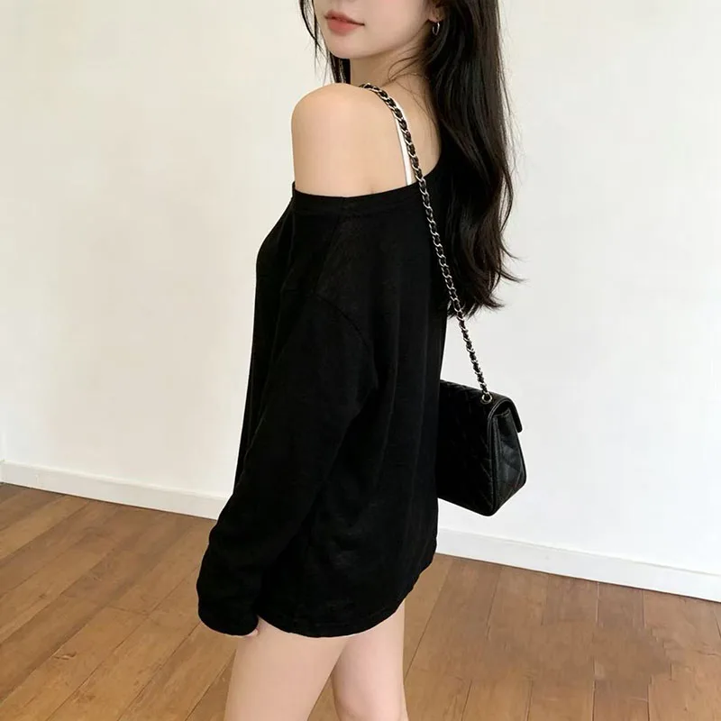 Black White See Through Sun-proof Tops Women Streetwear Sexy Off Shoulder Long Sleeve Sheer T-shirt Korean Fashion Loose Tshirts