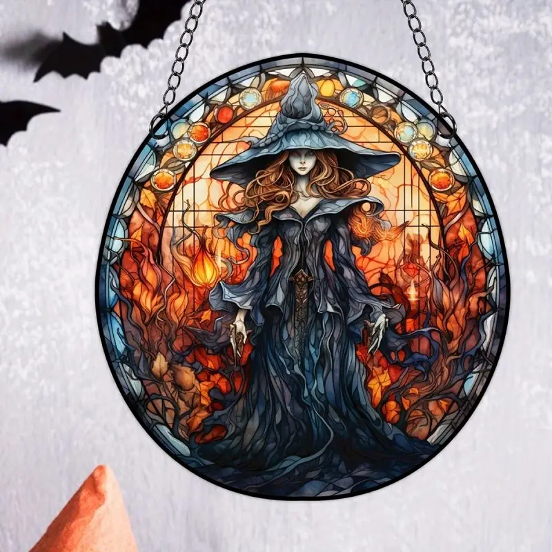 Witch Printed Stained Suncatcher for Window Room Home Decoration Wall Hanging Pendant Garden Round Acrylic Ornament Panel Gift