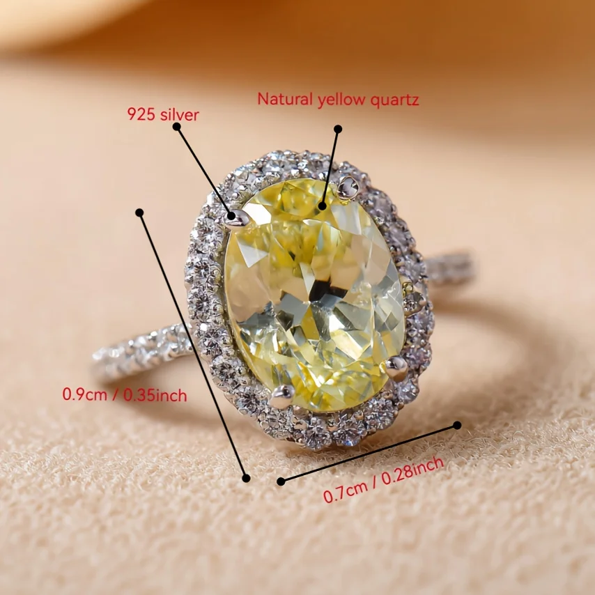 SGARIT Natural Yellow Crystal Ring for Women Genuine 925 Sterling Silver Ring Oval Romantic Gift Luxury Engagement Jewelry