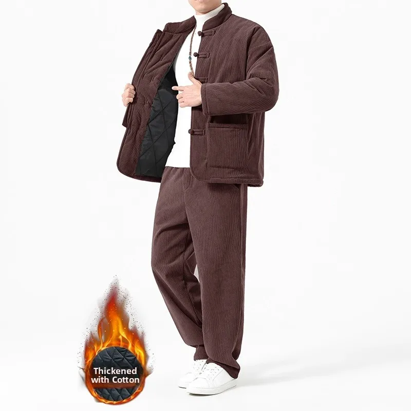 

Зимний утепленный хлопковый костюм (куртка и брюки) для мужчин: традиционный китайский стиль, молодежный, с длинными рукавами и длинными брюками