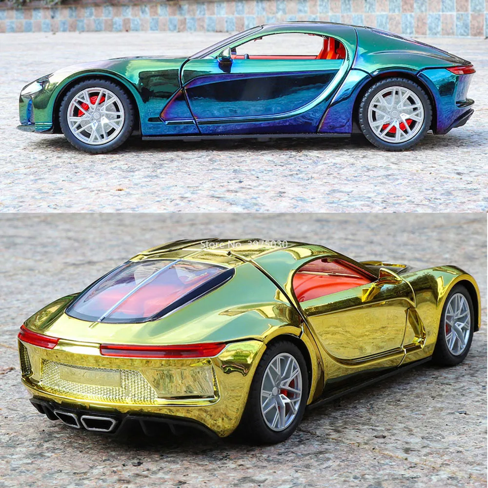 รถของเล่นบูกัตติแอตแลนติกอัลลอยด์ 1:24 รุ่นหล่อขึ้นรูป ยางยาง 3 ประตูเปิดได้ ซุปเปอร์คาร์ พร้อมระบบดึงหลัง ของตกแต่ง