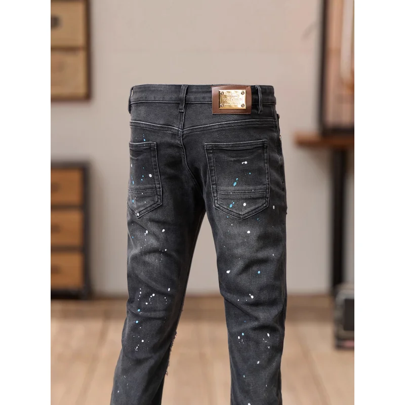 

Black gray ripped patch men's jeans with street style, cool and trendy American retro paint dot print, slim fit small leg pants