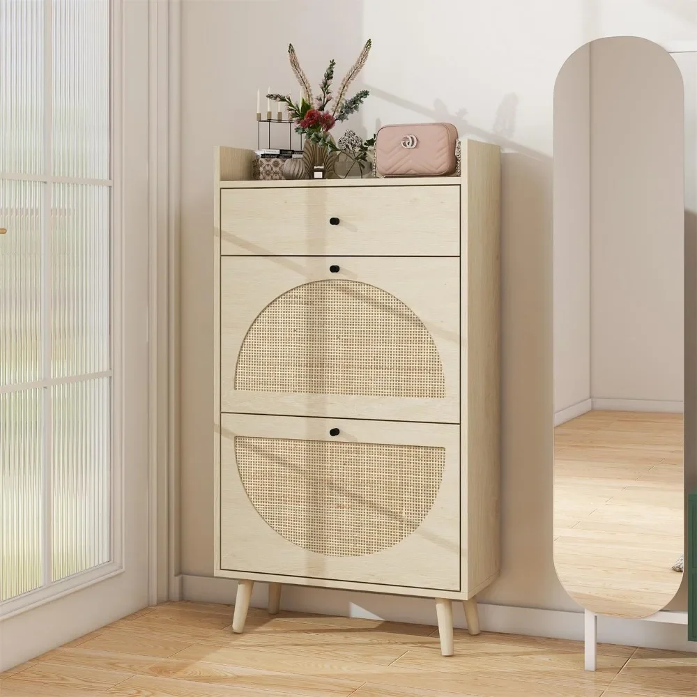 Rattan Shoe Cabinet with 2 Flip Drawers, 2-Tier Shoe Rack Storage Cabinet for Heels, Slippers, Free Standing Shoe Rack