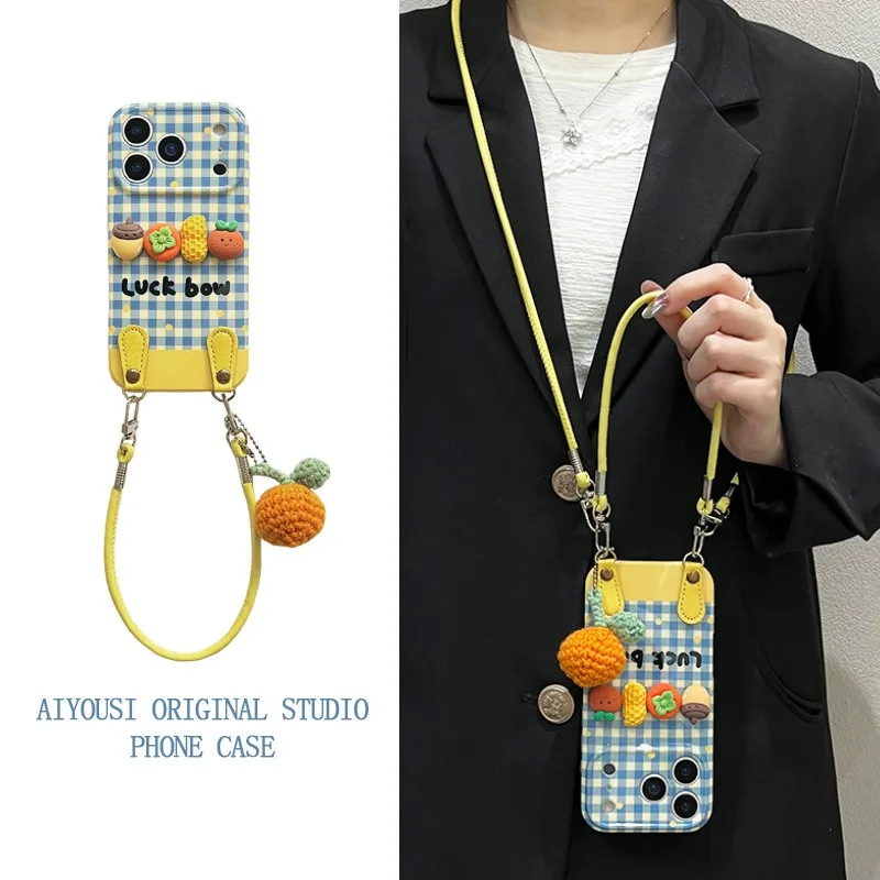 

Small Blue Grid 3D Persimmon IPhone 17 Pro Max Case Compatible IPhone 16 Includes Pendant for Easy Carrying Drop Protection