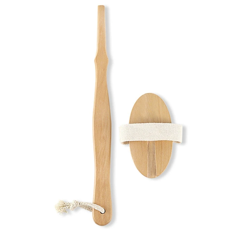 R1WA Natural Bristles Back Scrubber Shower Brush With Detachable Long Wooden Handle D