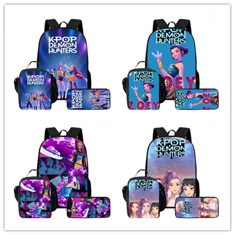 Cartoon KPop Dämonenjäger Kind Schulrucksack mit Lunchtaschen Bleistiftbeutel für, leichte Kinderschultaschen