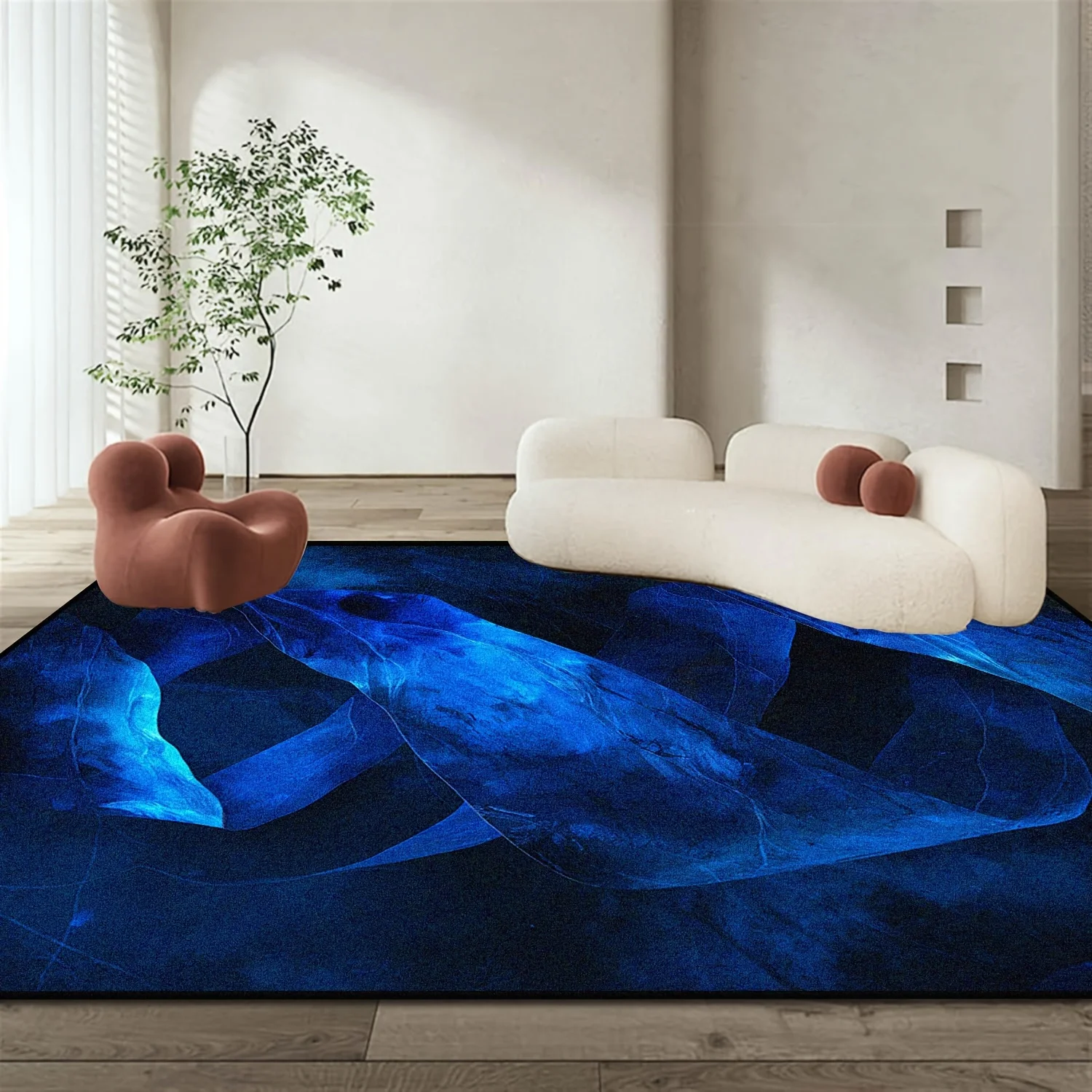 Deep Blue Marble‑Swirl Abstract Area Rug, Non‑Slip Machine‑Washable for Living Room Bedroom Modern Indoor Home Decor