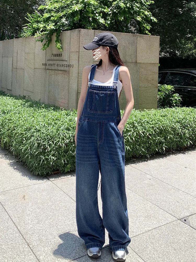 

American Retro Denim Overalls Women's Spring Autumn Loose Fit Slimming Workwear One-Piece Pants High Waist Button Closure