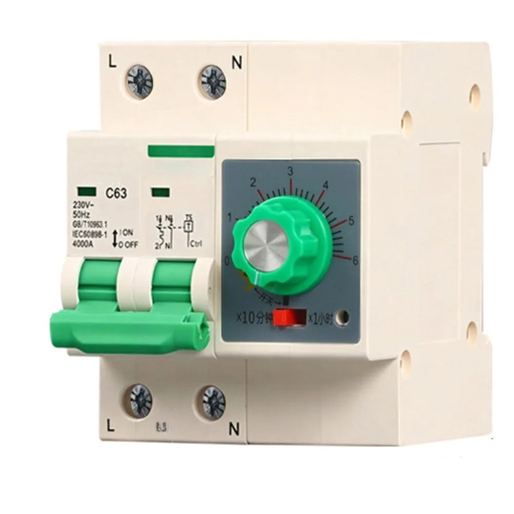 Mechanical Digital Countdown Switch Breaker 63A 2-Pole 220V for Water Pumps with Timing Range 2h to 99h DIN Rail Mount
