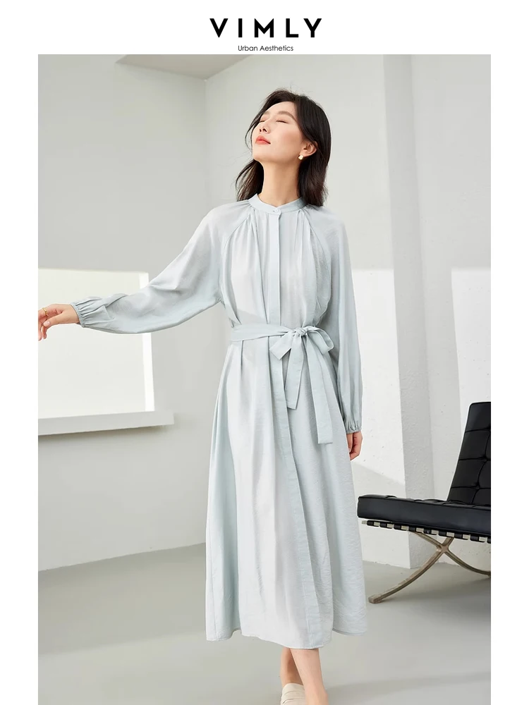 Vimly Women Midi Dress 2024 Spring Vacation Elegant Fashion Tie Belt Long Sleeve Dresses with Pockets Womans Clothing M5296