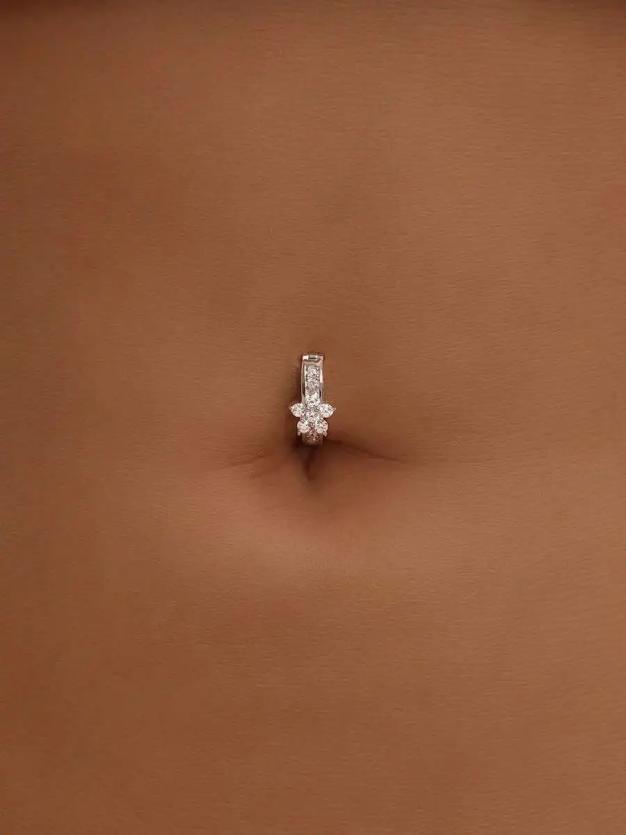 

925 Sterling Silver Flower-Shaped Diamond Belly Ring For Women, Curved Navel Piercing Jewelry, Everyday Wear Gift
