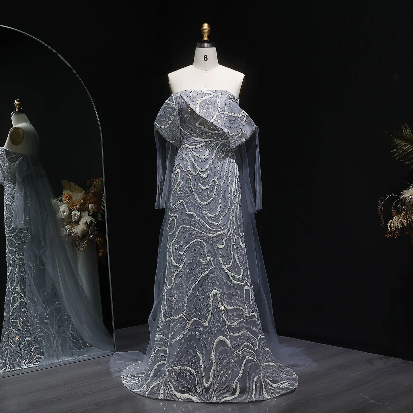 シャロンはグレーロングマーメイドイブニングドレスオフショルダーオーバースカート女性結婚式ビーズフォーマルプロムパーティードレスSS078カスタマイズしました