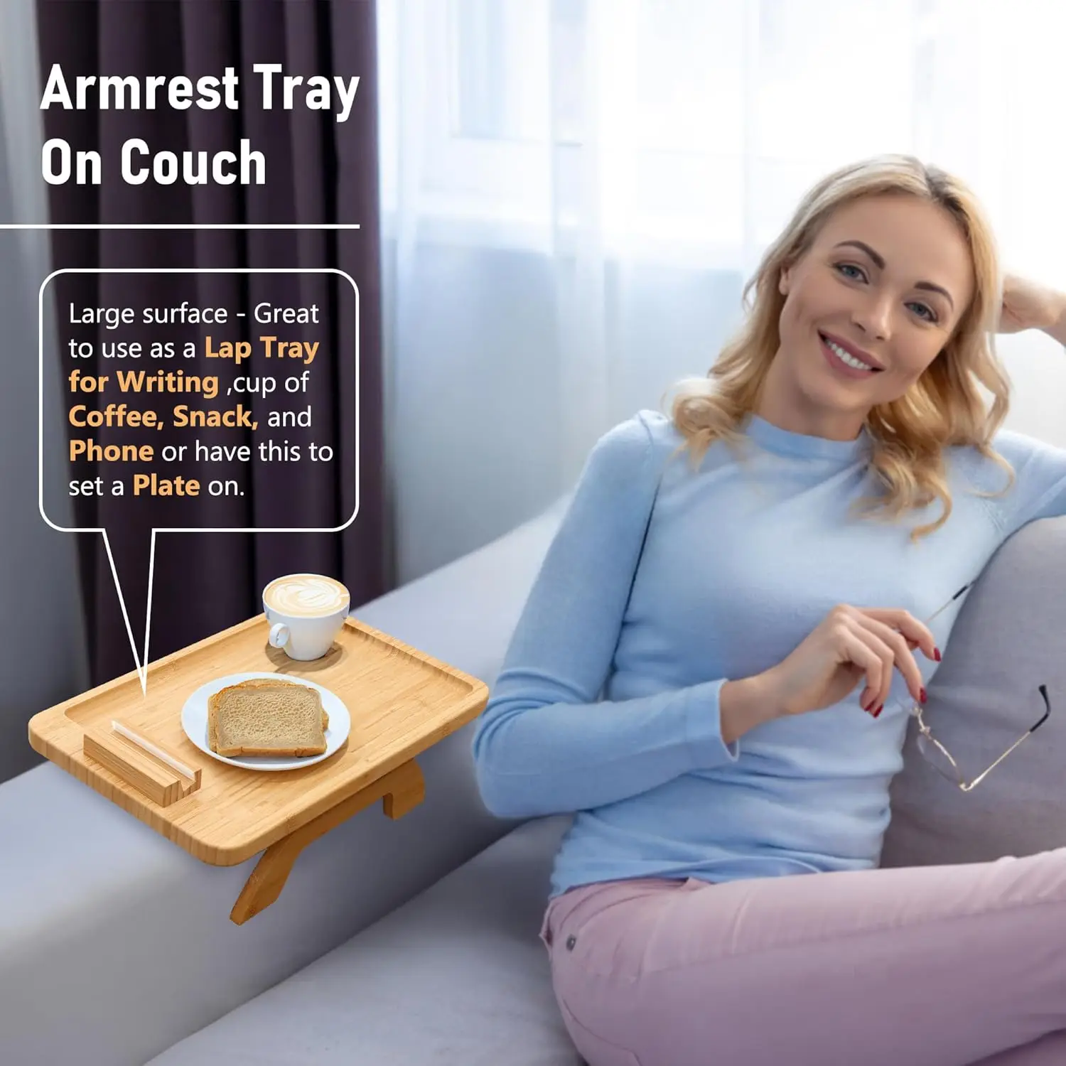 Sofa armrest tray, bamboo sofa side table clip, foldable sofa armrest table with 360° phone holder, for meals/drinks/snacks