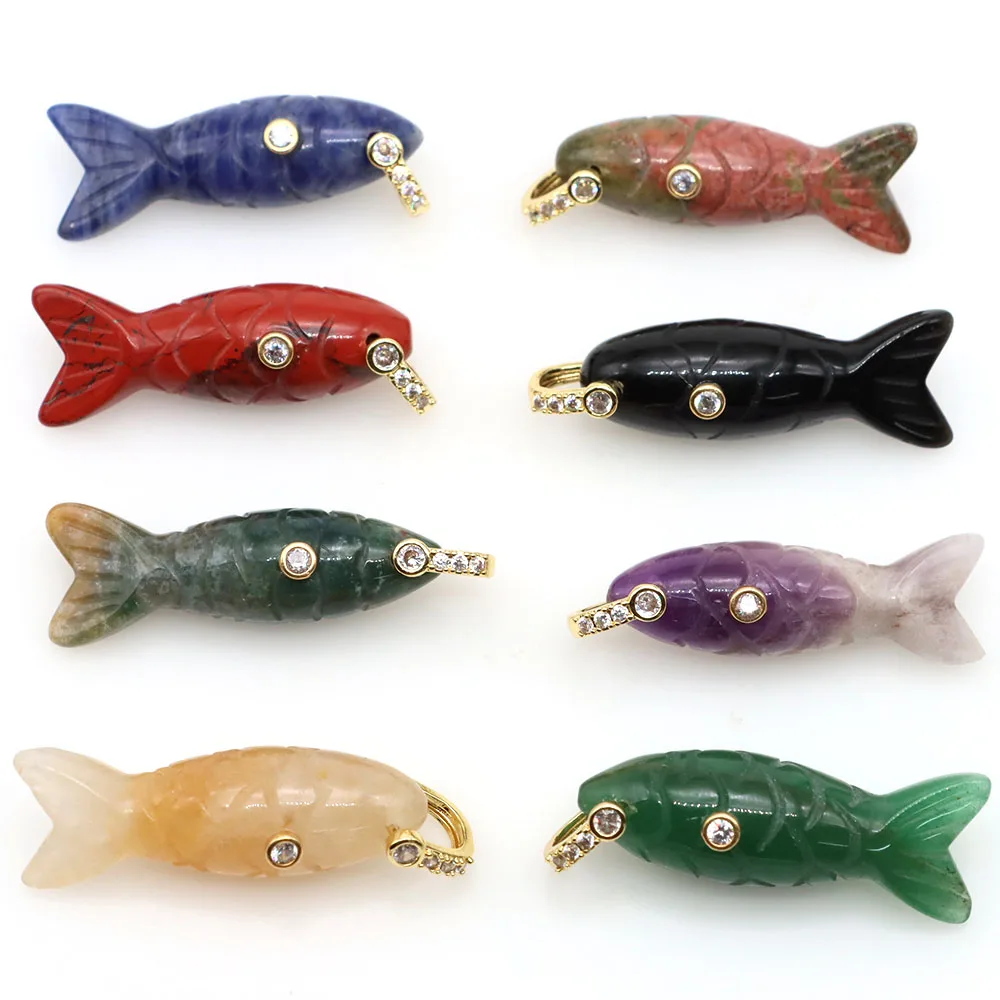 Natural Stone Fish Shape Pendant Inlaid Zircon Beads Amethyst Rose Quartz Crystal Charms for DIY Necklace Jewelry Making
