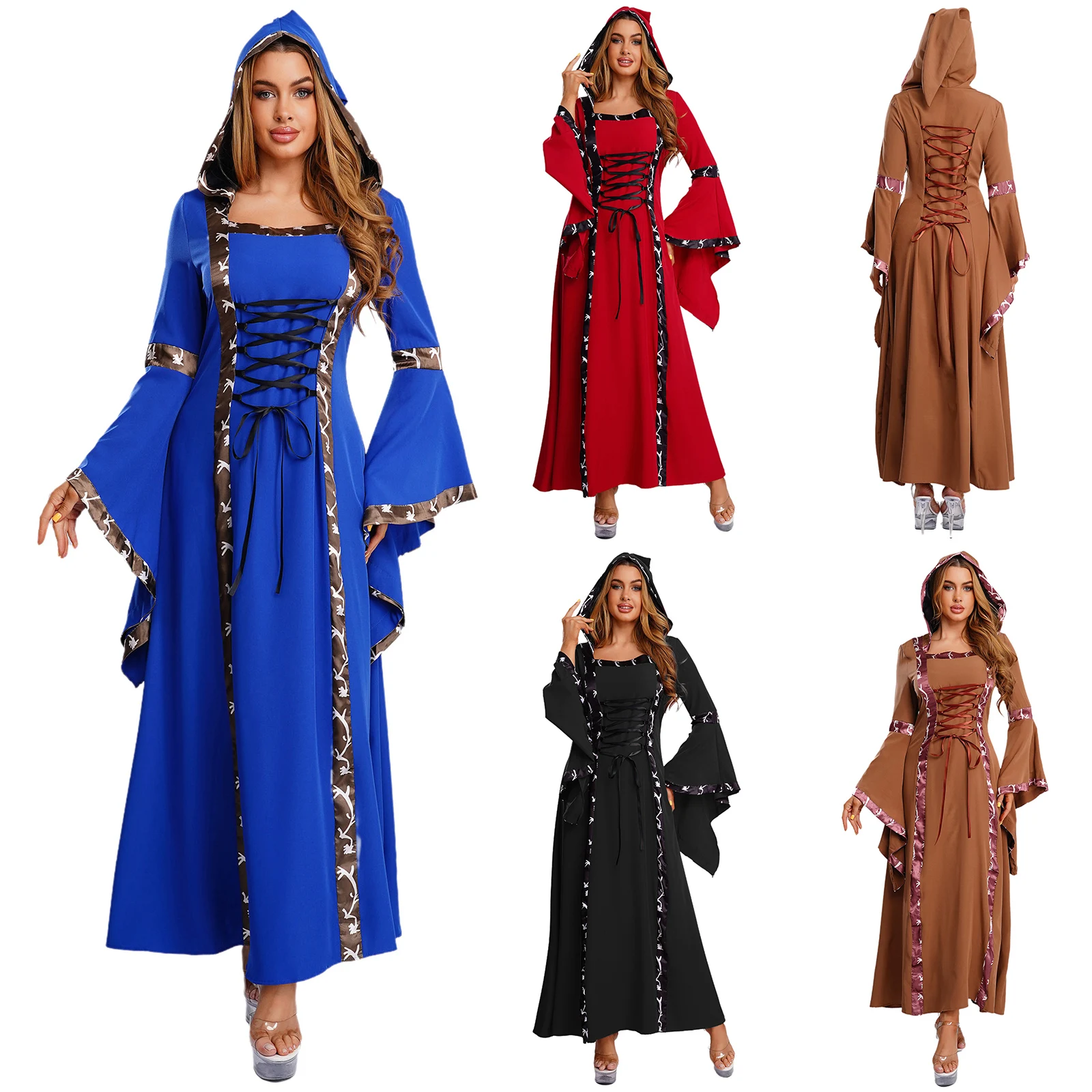 Women Halloween Medieval Renaissance Victorian Vampire Witch Cosplay Costume Long Sleeve Lace-up Hooded Gothic Dress Retro Gown