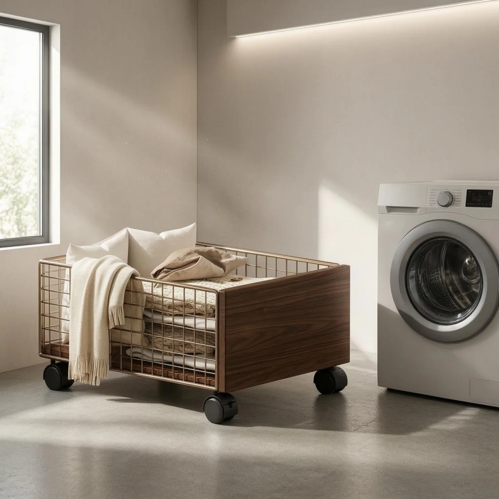 Rolling Laundry Cart Wood Grain Utility Trolley Home Organizer Rectangular for Bathroom
