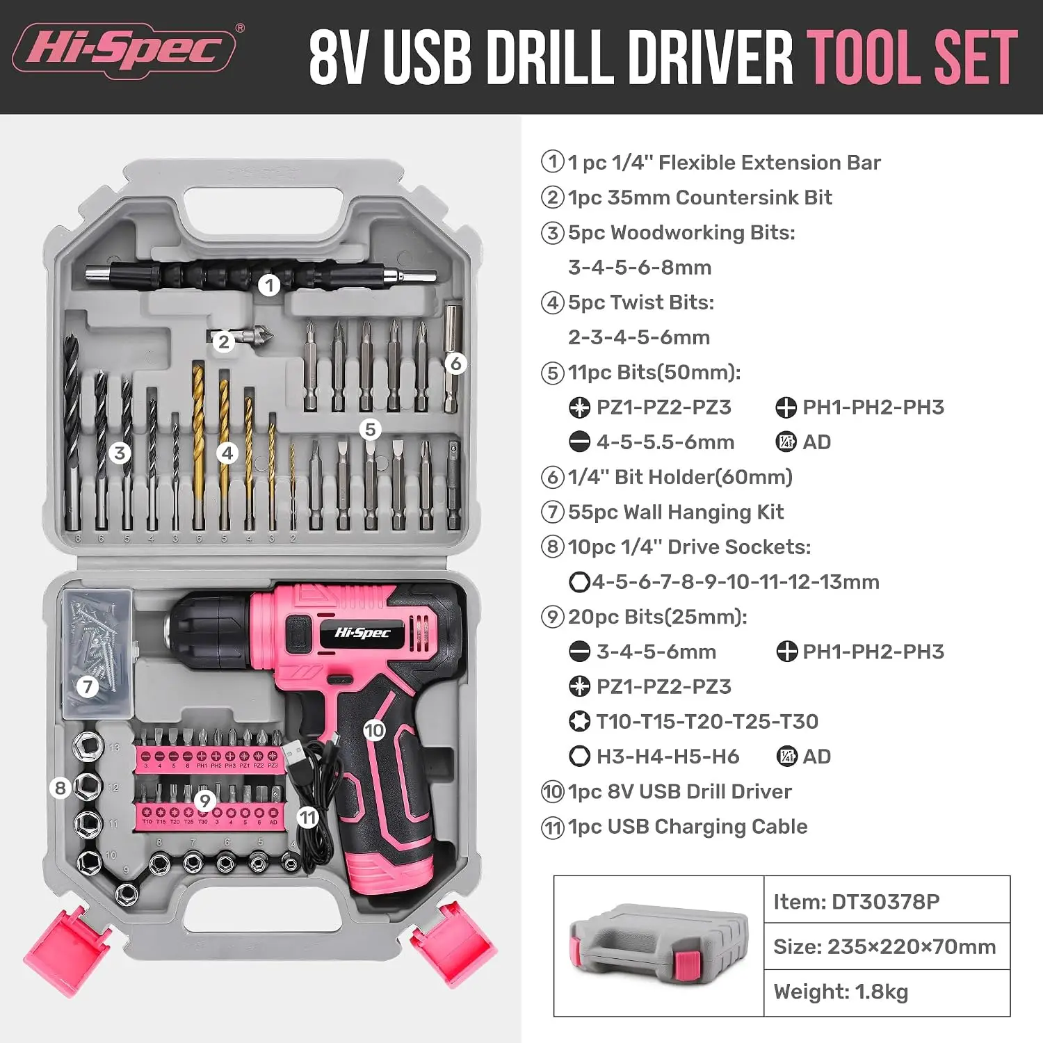 8V USB Cordless Drill Driver Set with Toolbox - Pink, Lightweight for Home DIY