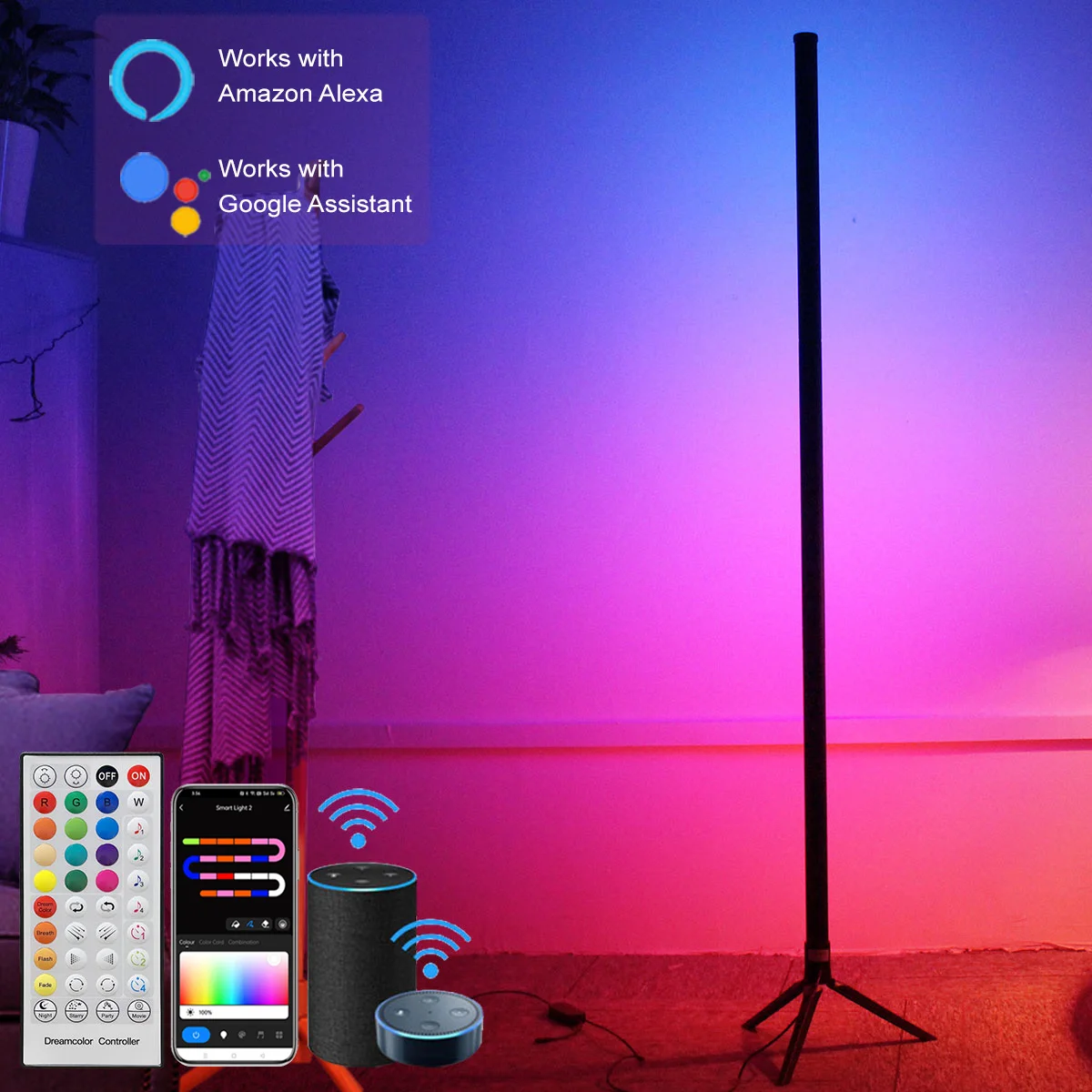 120CM Dimmable RGB LED Standing Atmosphere Light Smart Bluetooth WiFi Tripod Floor Lamp for Bedroom Gaming Room Christmas Decor