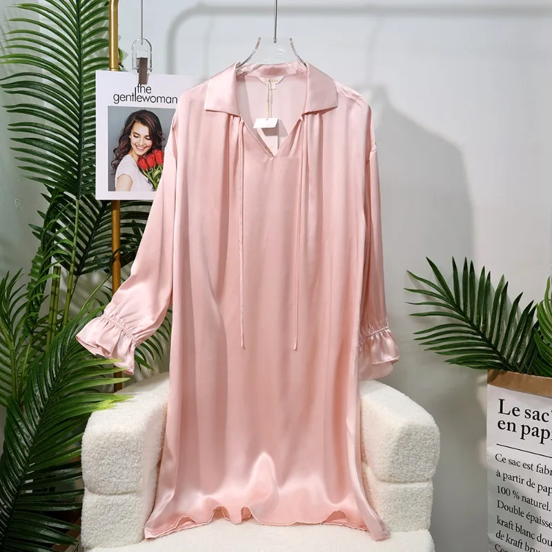 

Женская ночная рубашка с длинными рукавами на весну и лето, свободная юбка средней длины из 100% тутового шелка, мягкая пижама размера XL