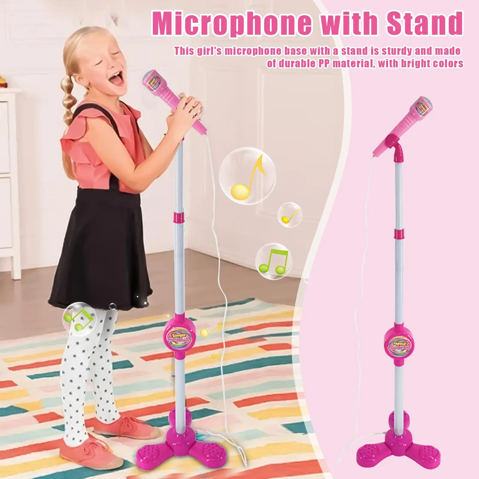 ไมโครโฟนสำหรับเด็กพร้อมขาตั้ง เครื่องคาราโอเกะ ของเล่นเครื่องดนตรี ของเล่นเสริมพัฒนาการ ของขวัญวันเกิดสำหรับเด็กหญิงและเด็กชาย