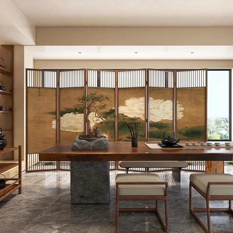 Retro flower partition folding mobile new Chinese style living room office blocking hotel tea room solid wood folding