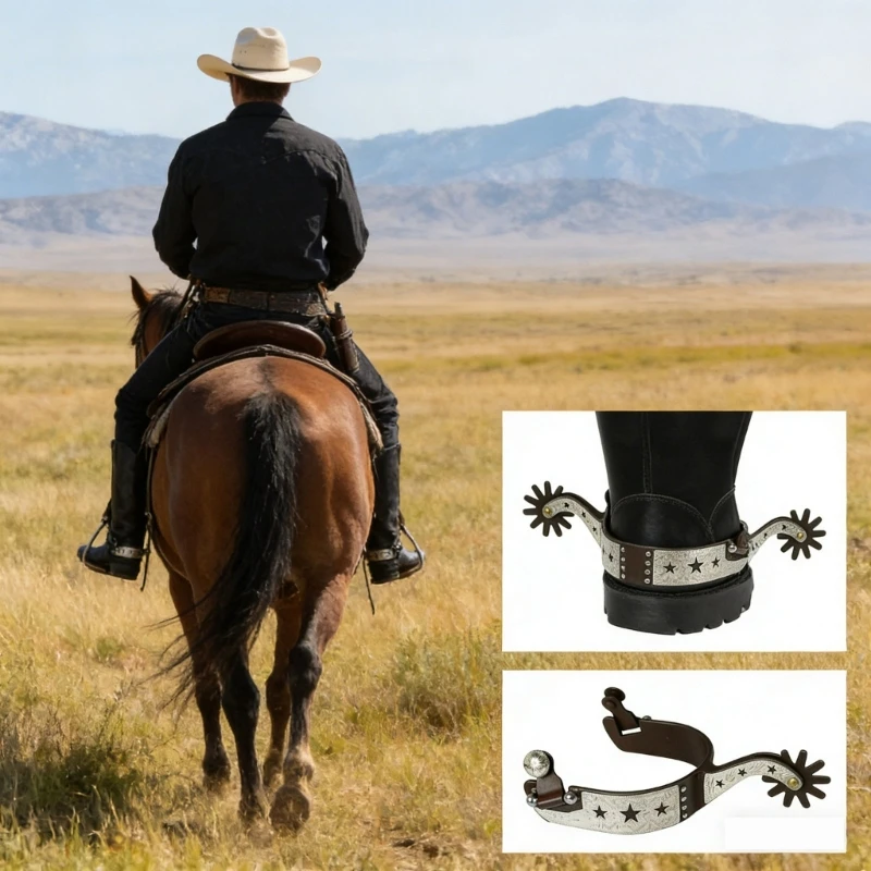 K0EF 1 Pair of Mens Spur Low Carbon Steel Coated Functional Head Authentic Spur Carved Design for Equestrians Activity Use