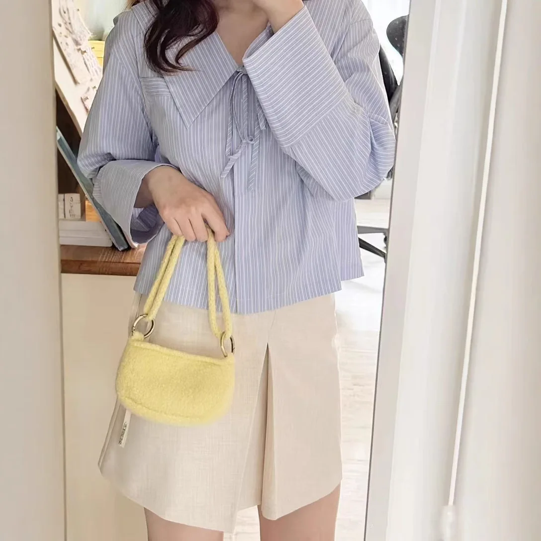 

Spring Summer New Sweet Doll Collar Belted Sea Salt Blue Long Velvet Cotton Striped Long Sve Women's irt Loose Fit Sle