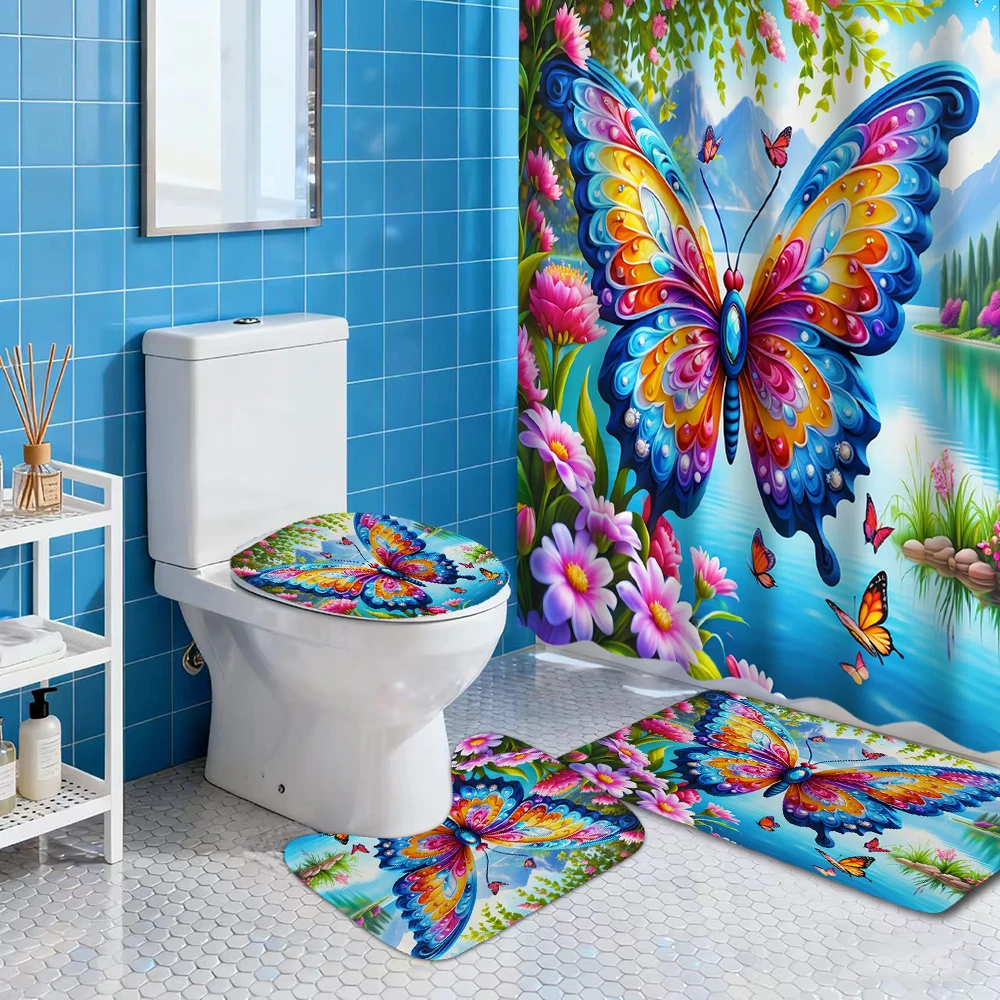 

Butterfly Pattern Shower Curtain Bath Sets Non-Slip Bathroom Rug Toilet U With 12 Hooks bathroom decor and accessories