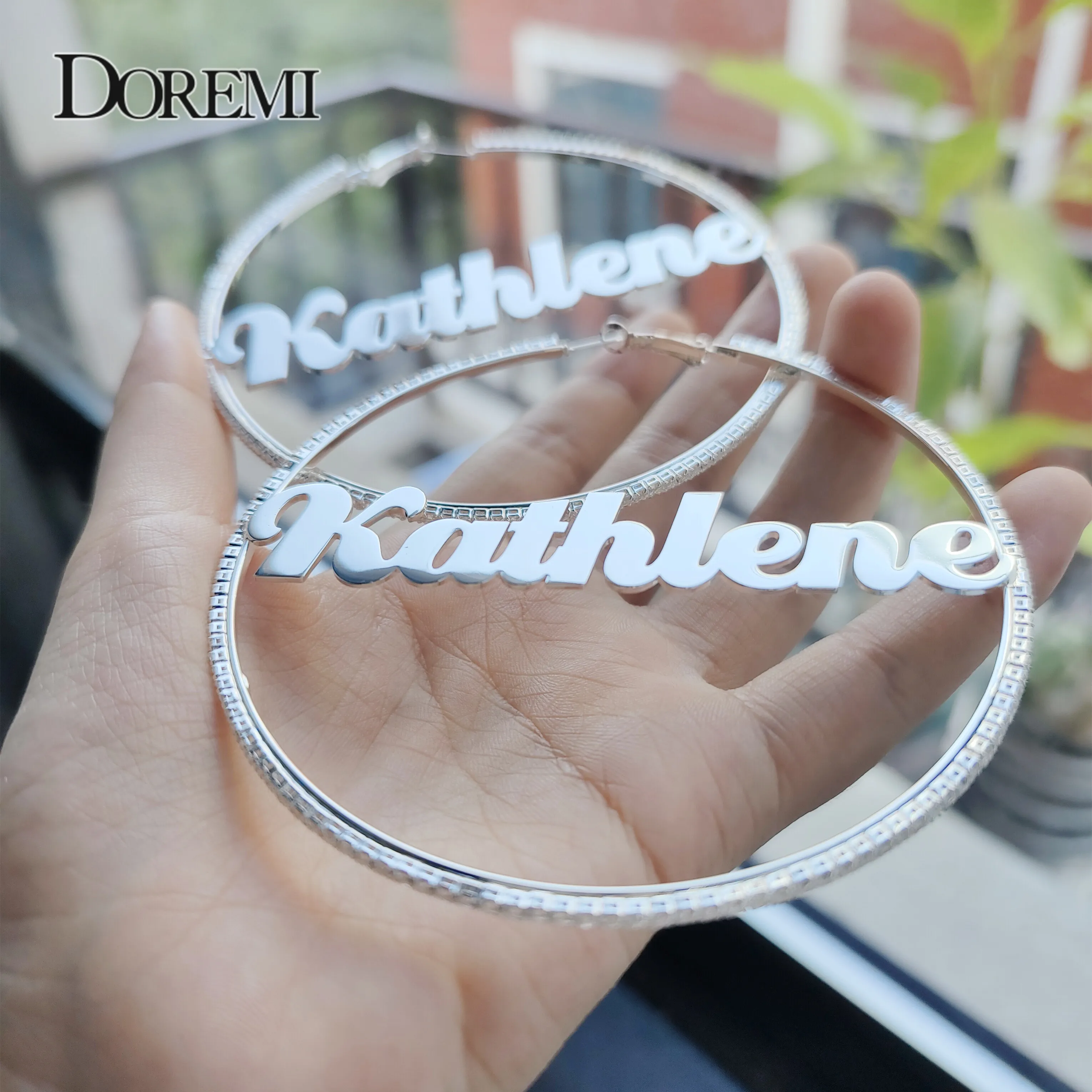 DOREMI 2mm White Zircon Name Earrings Thin hoop Custom-named Stainless Personalized Earring Hip-hop Style Custom hoop 5-9cm