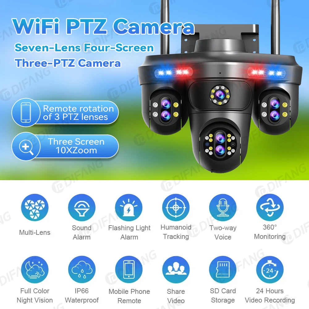 DIFANG 35MP Four Screens WiFi Security Camera Outdoor Seven Lens Three PTZ 10X Optical Zoom Cameras Auto Tracking CCTV Camera