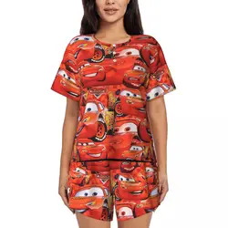 Custom Cartoon Cars Lightning Mcqueen Face Pajamas Set Women 2-Piece Short Sleeve Sleepwear Loungewear PJ Shorts Sets