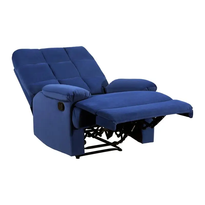 Modern Blue Velvet Reclining Chair, Square Tufted Back, Pillowtop Arms, Solid Wood, Stylish Living Room Recliner Furniture, 1