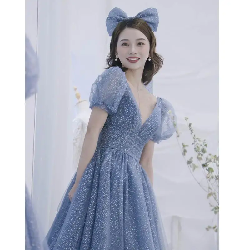 Luz azul vestido de noite de luxo 2025 outono novo estilo sonhador fada arte exame princesa vestido longo sonhador banquete vestido