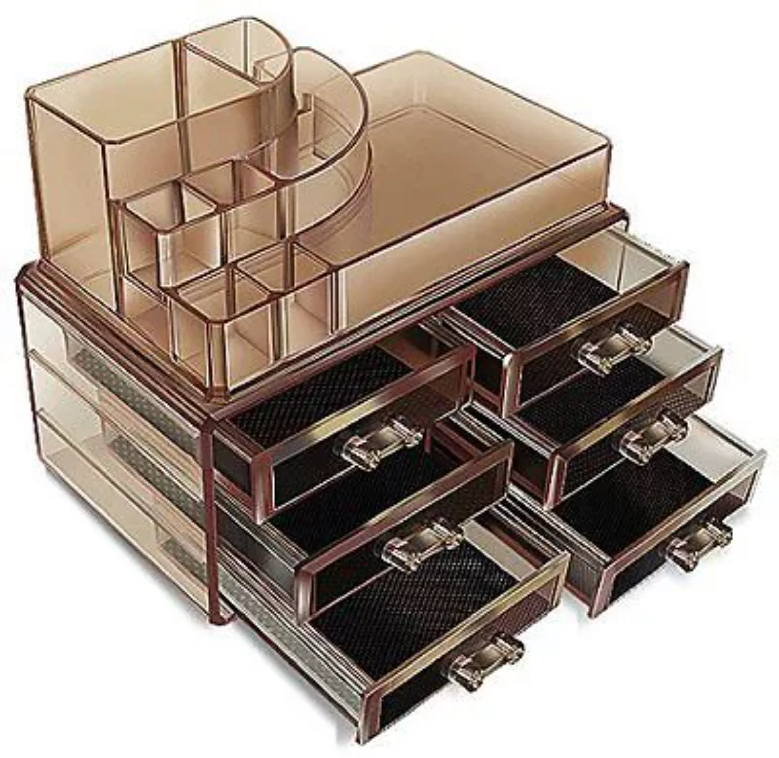 

Acrylic Cosmetics Organizer Brown Dark Colored Makeup Box Multi Function with Drawers