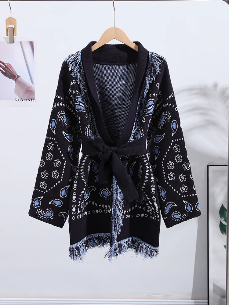 Elegant Print Tassel Cardigan Women Belt V-neck Long Sleeve Loose Knitted Sweaters Female 2025 Autumn Winter Chic Knitwears Lady