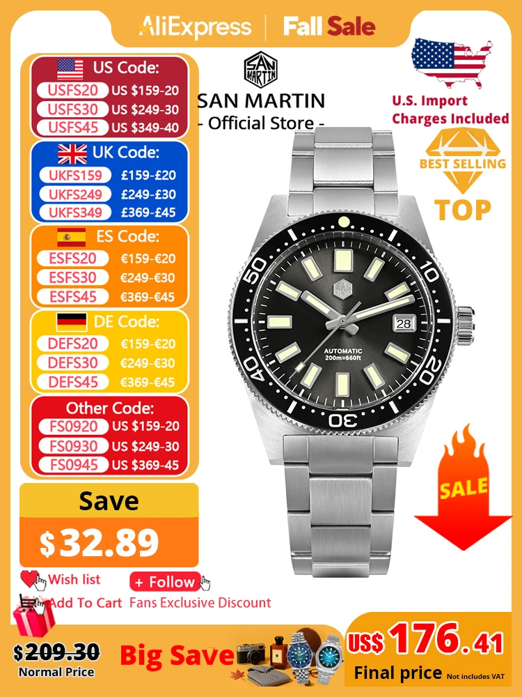 

San Martin 62mas Diver Watch 39mm Classic NH35 Men Automatic Mechanical Watches Sapphire Waterproof 200m SLN C3 Luminous SN0007