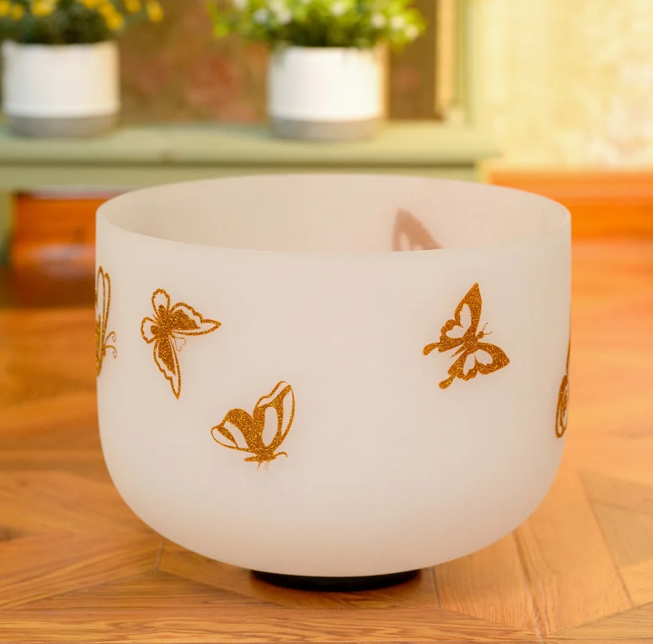 Hye-eun 10 Inch Crystal Singiing Bowl with Golden Butterfly Sound Healing Musical Vabrition For Yoga Balance Engergy