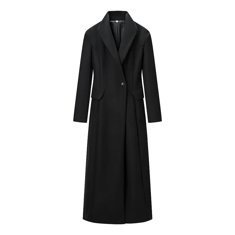 

KIDCRKJ Elegant Fashion Women Spring Wwol Overcoat Black Lapel Collar Button Spliced Lady Jacket Long Waist-cinching Female Coat