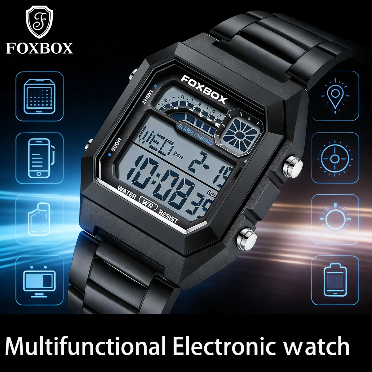 

Мужские часы FOXBOX Fashion, топовый бренд, роскошные деловые цифровые часы с LED-дисплеем, светящиеся, из нержавеющей стали, электронные часы для мужчин.