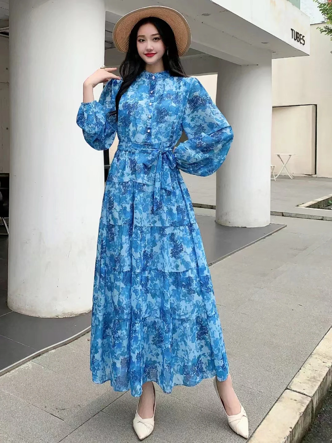 2024 New Spring Autumn Women Long Sleeve Bandage Slim Long Dress High Quality Fashion Floral Print Big Hem Chiffon Dress