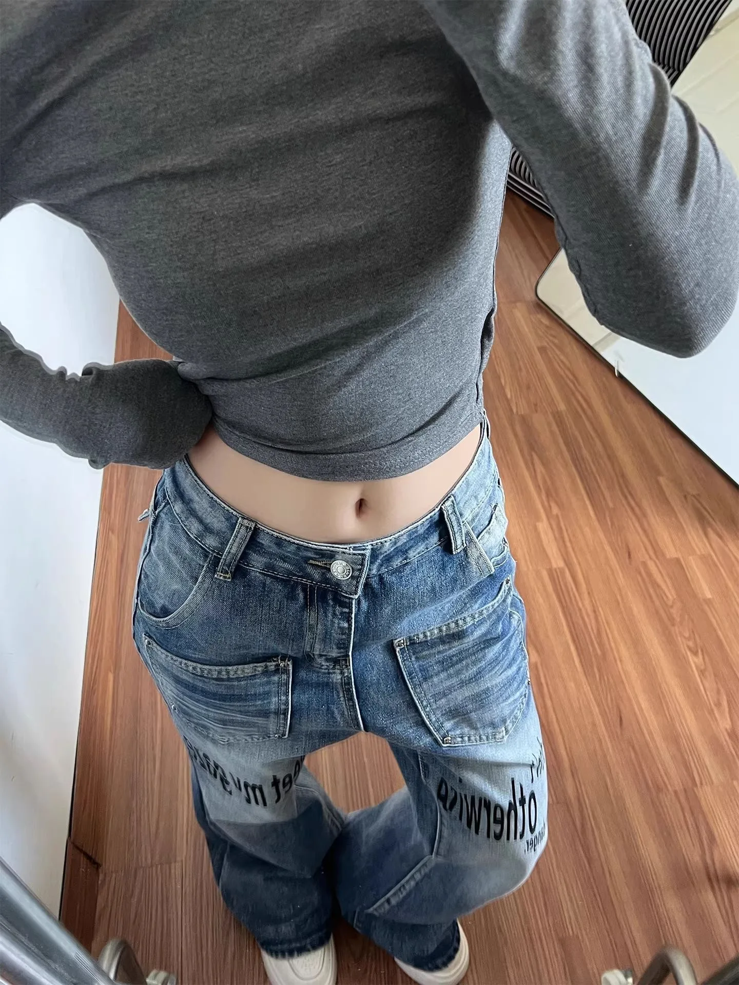 Retro new letter print micro-flare jeans for women spring and autumn  Harajuku Goth slim floor pants