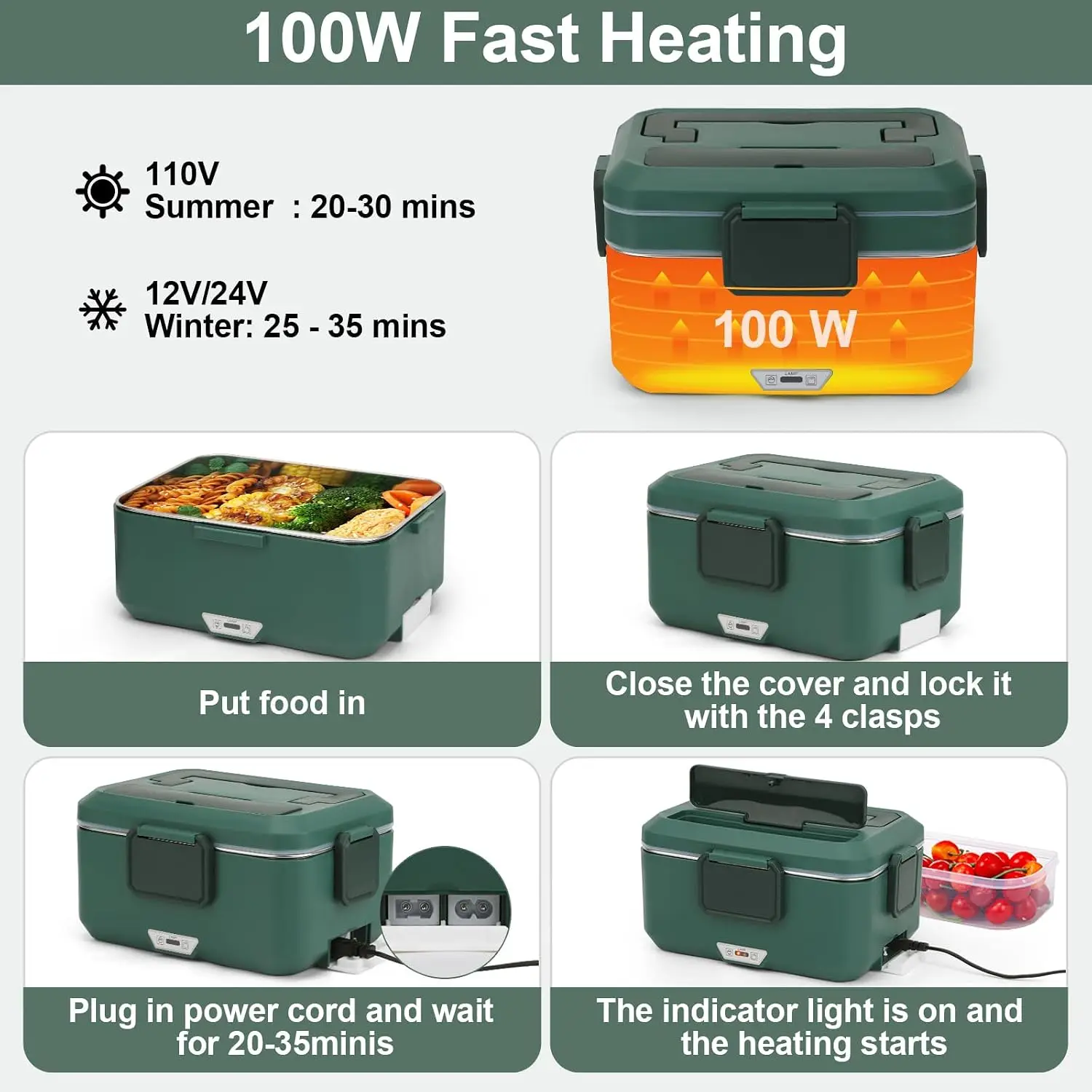 Electric Lunch Box 3.5L, 100W，3 In1 Food Warmer For Car/Truck/Work/Home/Men | 2.5L+1L Dual-layer, PTC Constant-temperature Heati