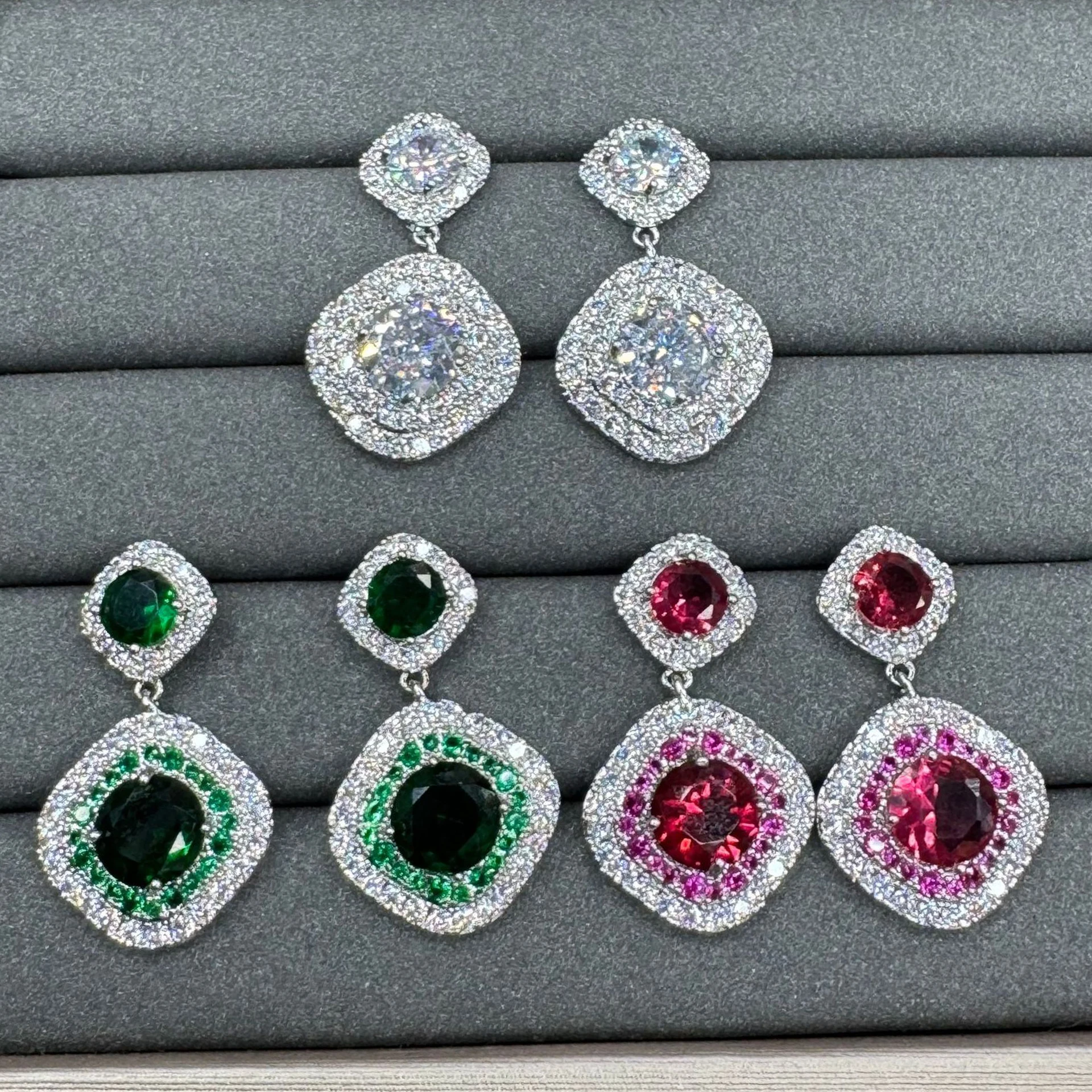 

shiny zirconia earrings white green pink square dangling earrings silver color dinner party bar jewelry women gift