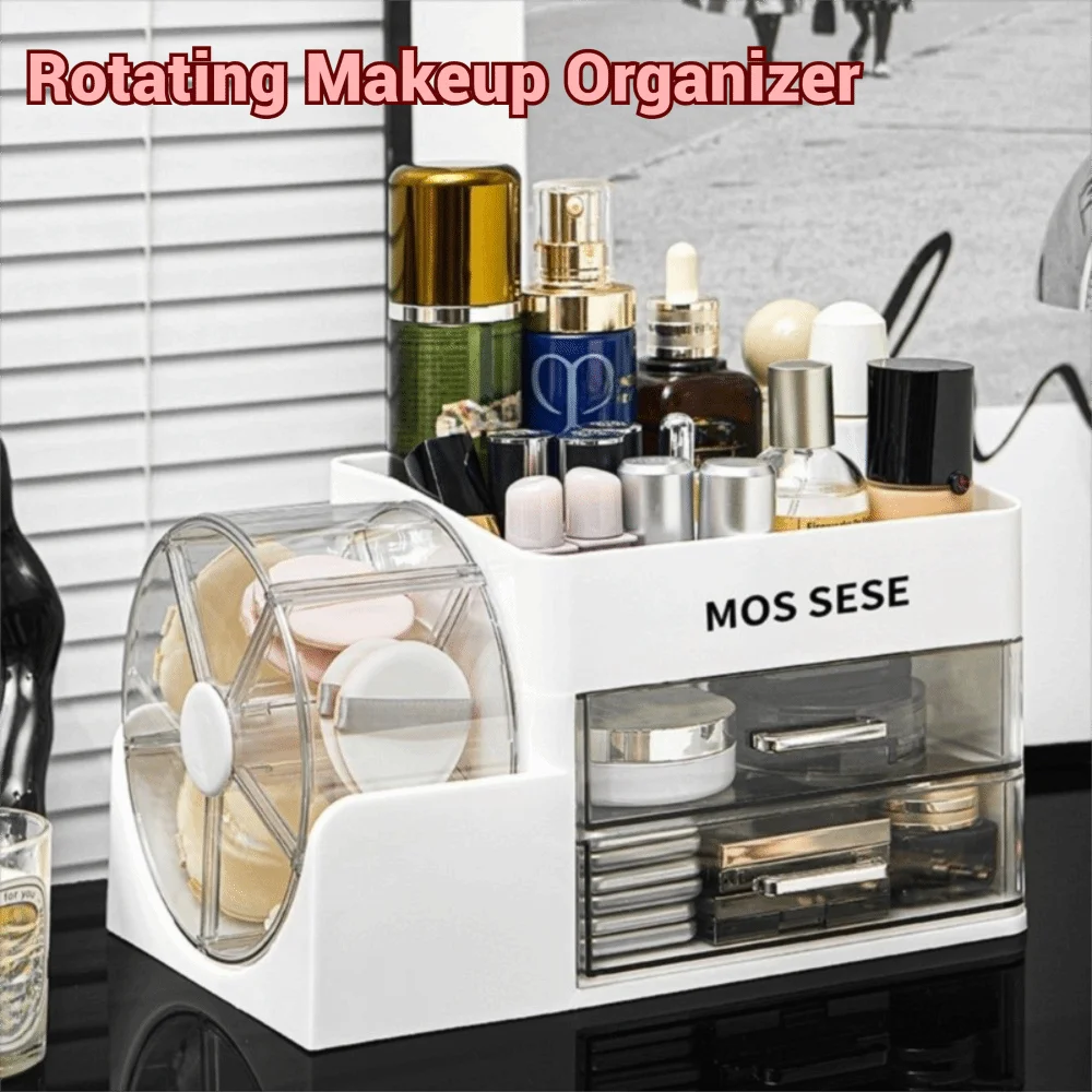 

Plastic Rotating Makeup Organizer with Compartments Drawers Cosmetic Storage Box Durable Large Capacity