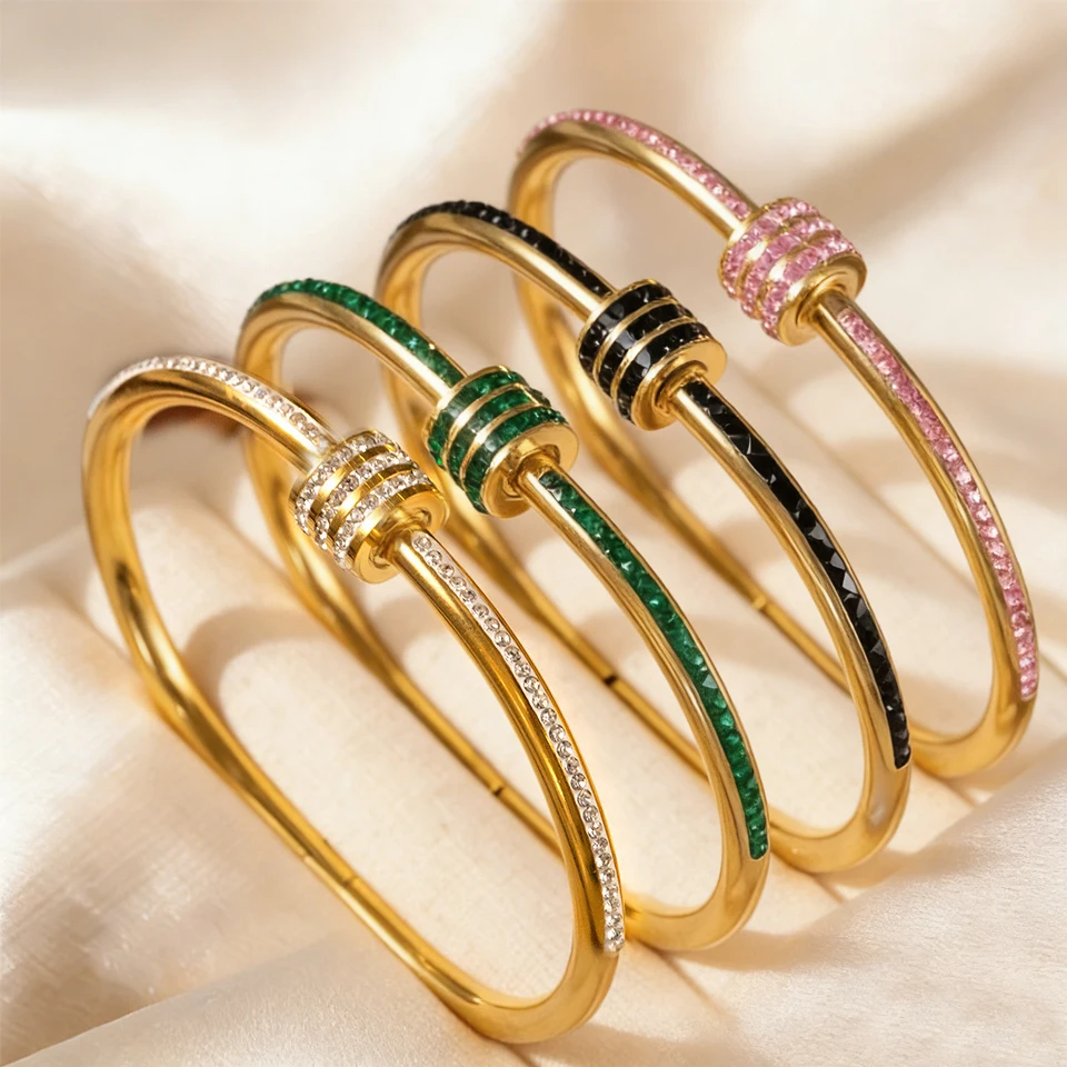 Yupsk New Colorful Shining Zircon Inlaid Stainless Steel Bracelet for Women Summer Trend Wersatile Bangle Accessories