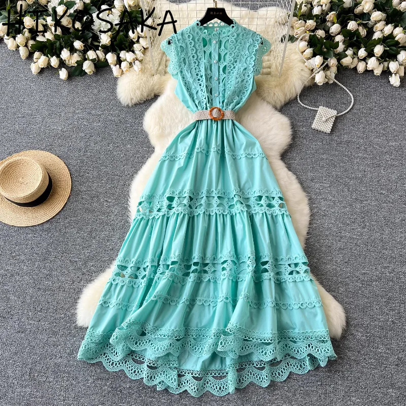 Hook Flower Hollow Out Sleeveless Dress Elegant O-neck Single Breasted A-line Big Swing Robe Solid Elegant Vestidos Mujer