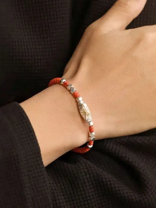 Retro Wishing Stone Pendant Self-Discipline Silver Bracelet Unisex Lucky Bead Red Woven Hand Rope Couple Hand Jewelry