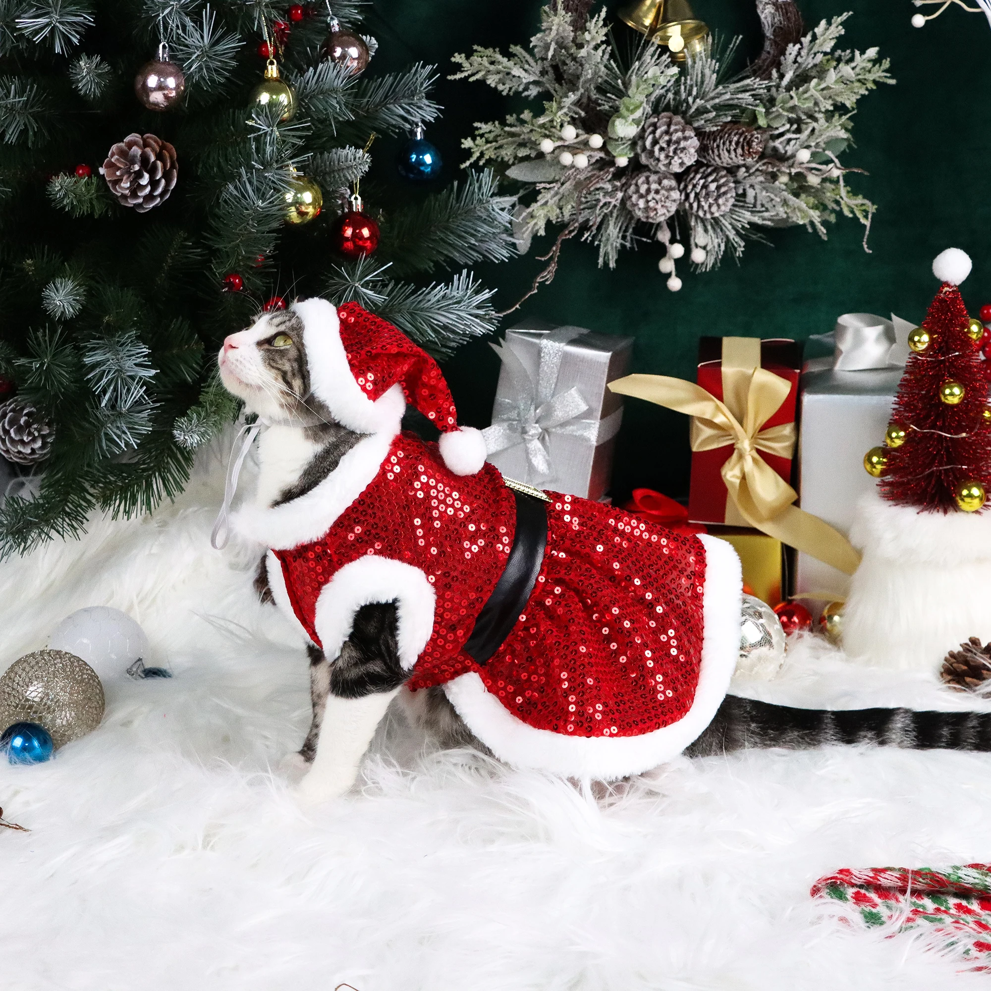 Set of 2 Dog Christmas Dresses Velvet Puppy Dress  with Belt Sequin Puppy Fuzzy Clothes Doggie Xmas Party Pet Cat Warm Clothes A